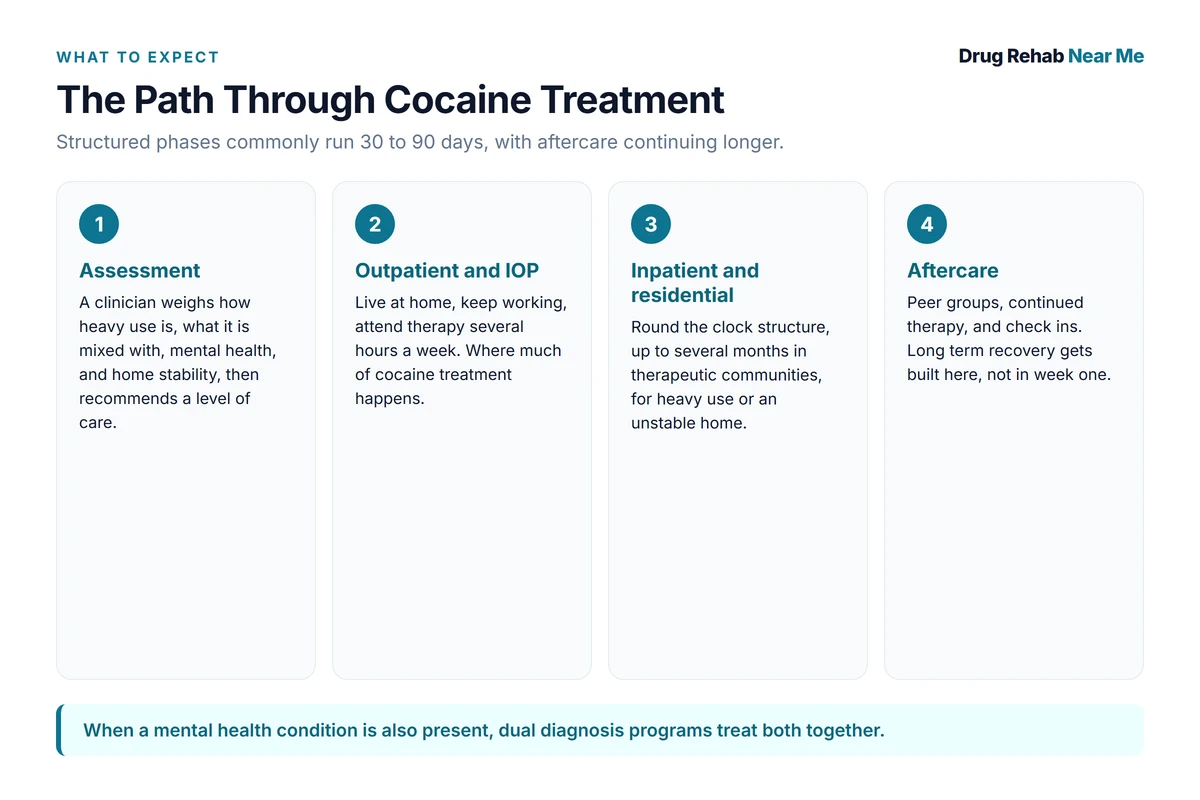 Four step path through cocaine addiction treatment from assessment to outpatient or residential care and aftercare