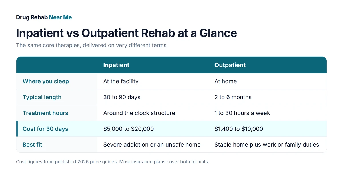 Comparison table of inpatient vs outpatient rehab covering where you sleep, length, treatment hours, cost, and best fit