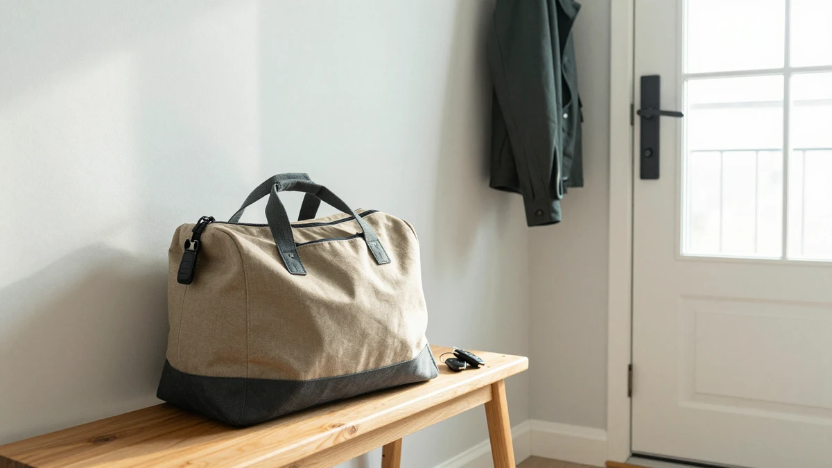 Packed day bag and car keys on a bench by a home front door in morning light before an outpatient rehab session