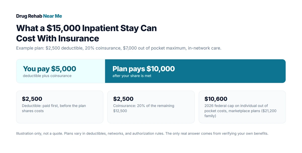 Worked example of a $15,000 inpatient rehab stay: you pay $5,000, the plan pays $10,000 after deductible and coinsurance