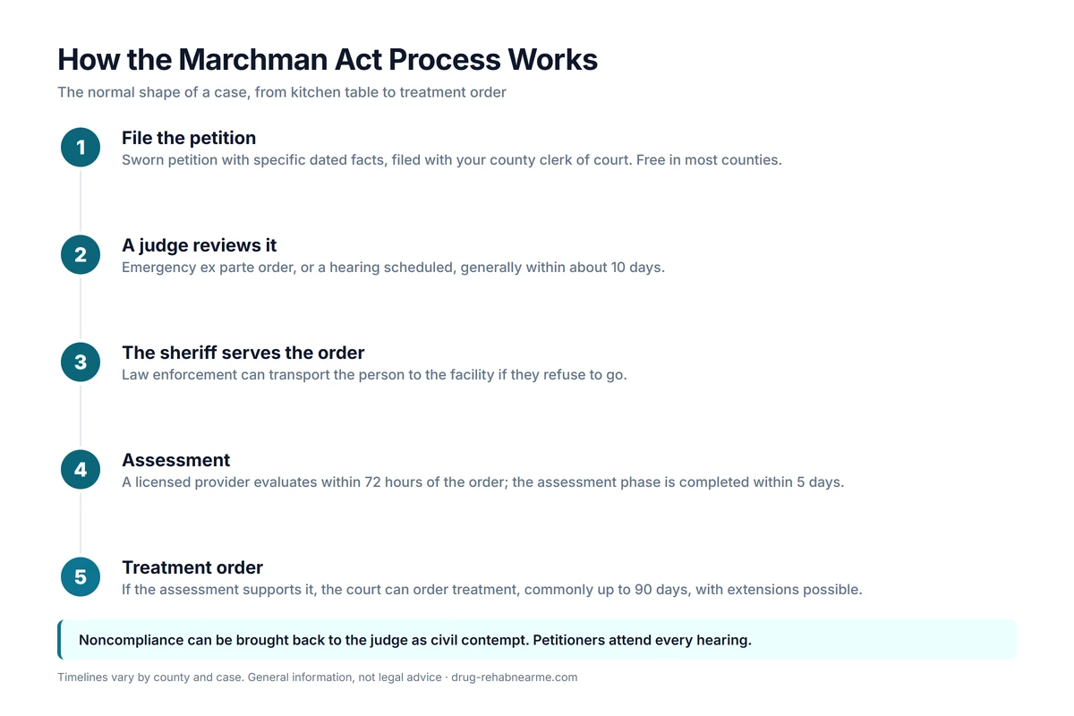 Five step Marchman Act process timeline from filing the petition to a treatment order of up to 90 days