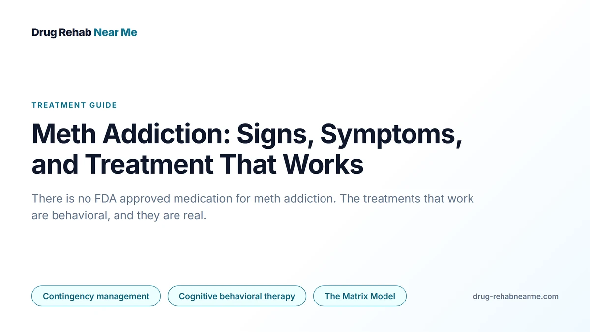 Meth addiction treatment guide cover: no FDA approved medication exists and behavioral treatments carry the evidence