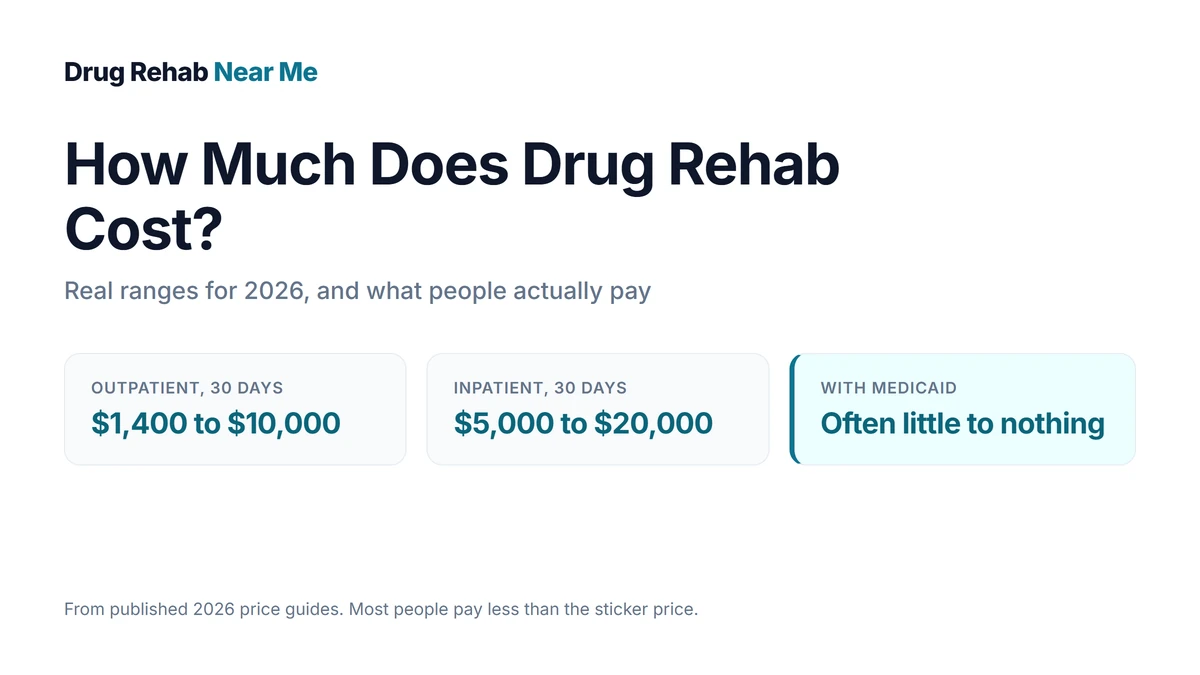 Drug rehab cost ranges for 2026: outpatient $1,400 to $10,000 and inpatient $5,000 to $20,000 for 30 days